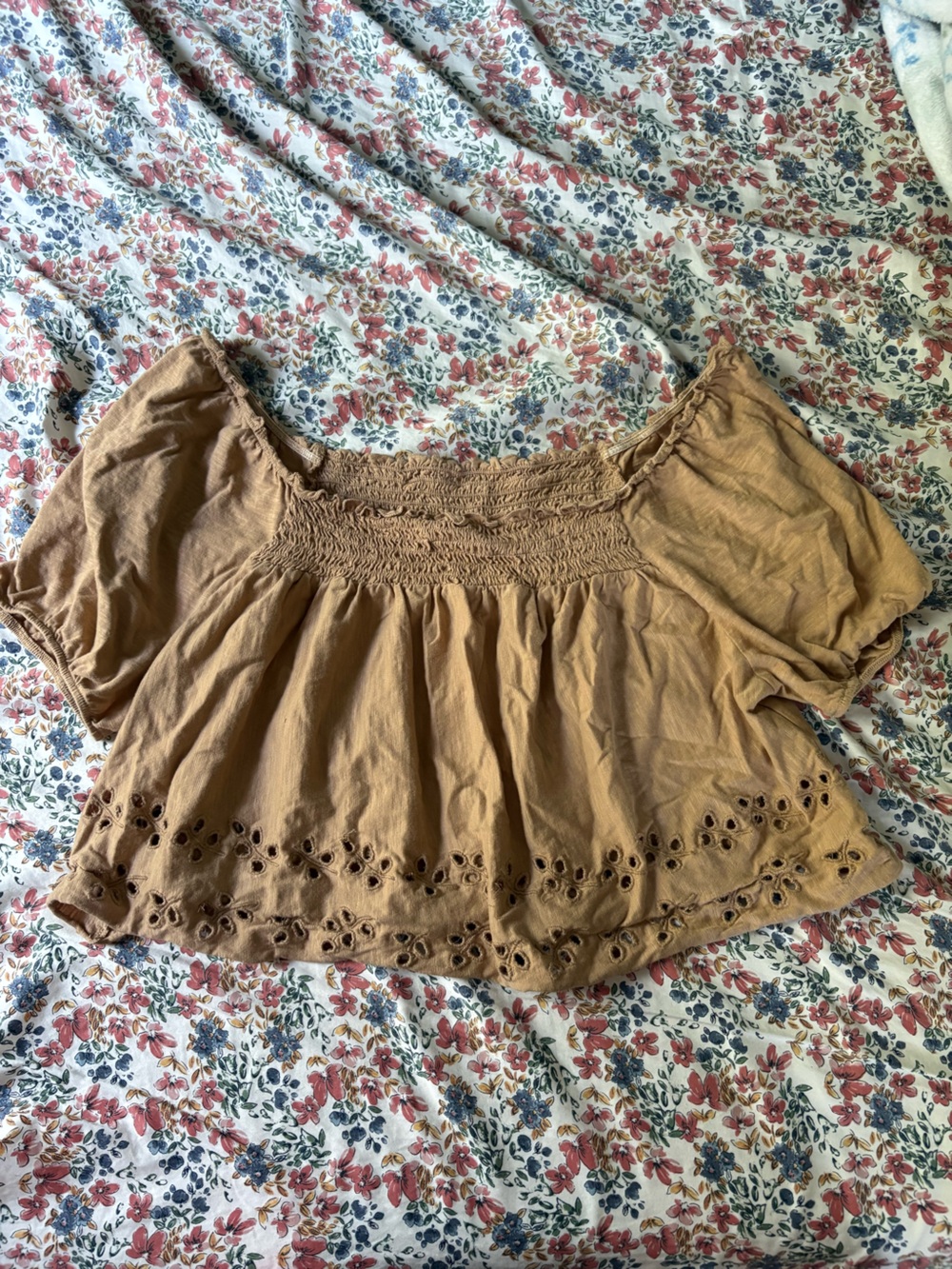 Smocked Eyelet Crop Top in Camel